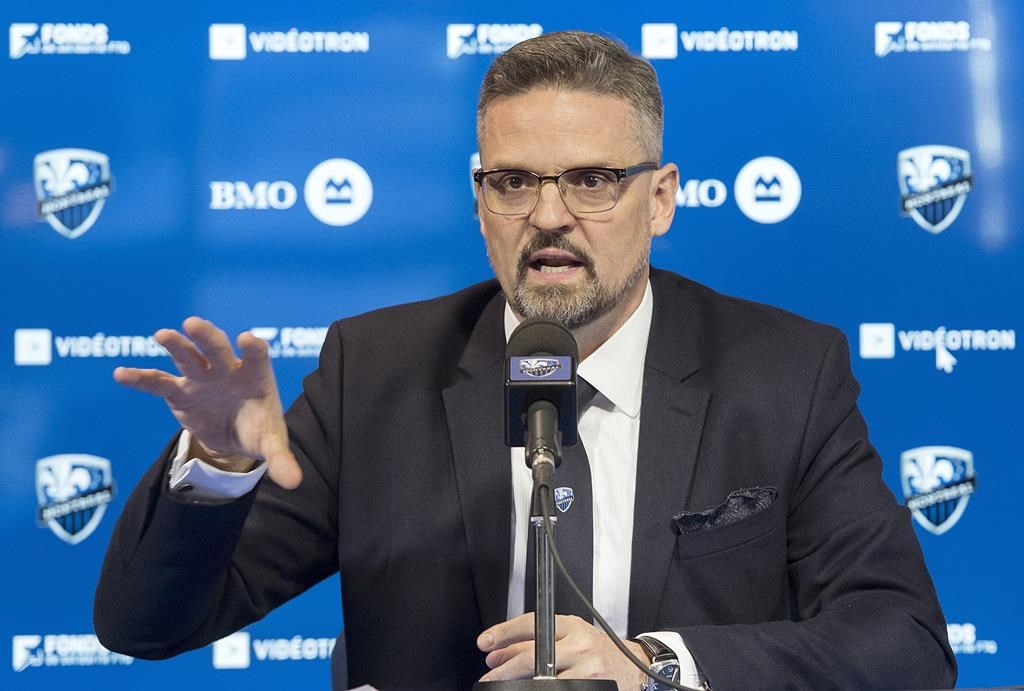 In this 2019 file photo, Montreal Impact president Kevin Gilmore speaks during a news conference in Montreal. Gilmore said if the MLS season resumes,the team could leave the province to train if not allowed to do so at the Nutrilait Center. Thursday, May 21, 2020.