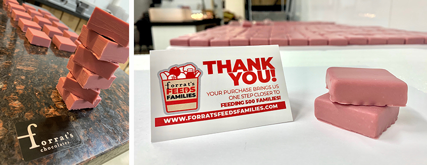 Forrat’s raspberry velvet chocolates are sold for $4 for two pieces. The money goes directly into making food kits for families in need in London.