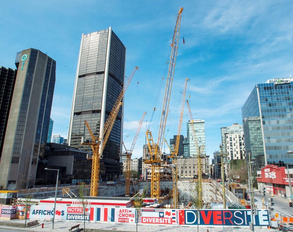 A worksite is seen Friday May 8, 2020 in Montreal. As Quebec's construction sector reopens Monday following weeks of shutdown to slow the spread of the virus, the main players behind the city's building boom in neighbourhoods such as Griffintown say it's "business as usual" and are confident the market remains robust. THE CANADIAN PRESS/Ryan Remiorz.