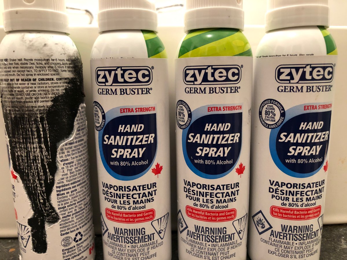 Trevor Martell bought this Zytec hand sanitizer, packaged in a bug spray bottle, from a Dollarama in Saint John, N.B. on Sun. May 25, 2020. 