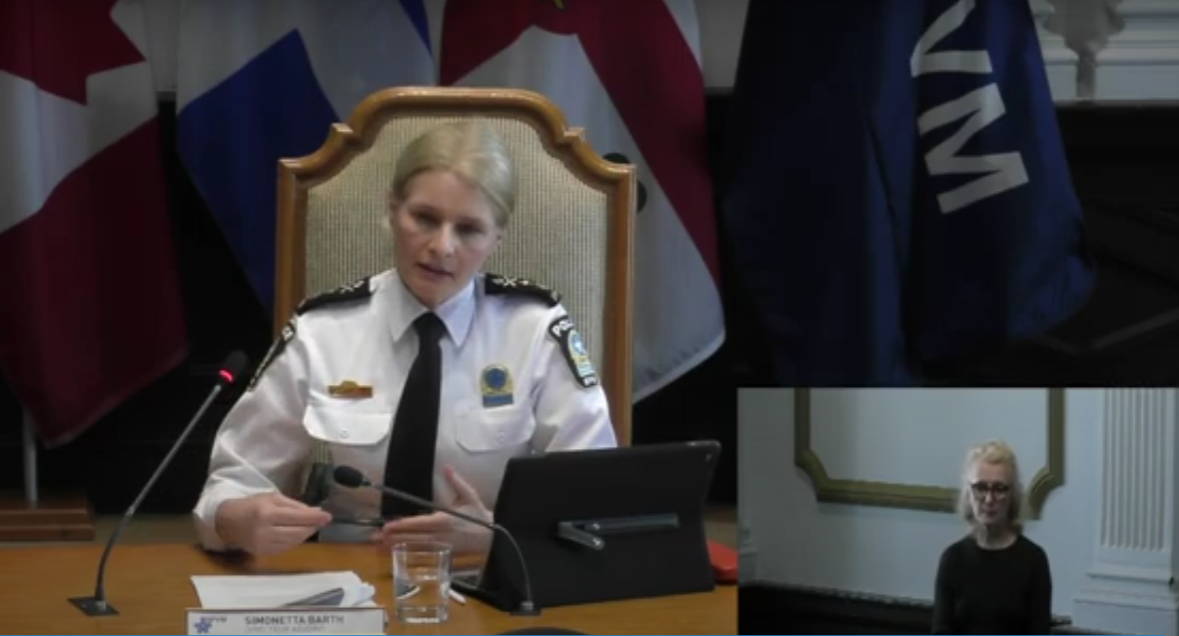 SPVM's Deputy Director Simonetta Barth answers questions submitted by the public during an online information session regarding the closure of two police stations in the city's west end.
