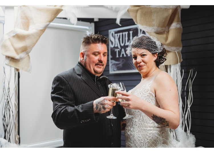 Sherry and Robby Bowie turned their July wedding in Leduc into an intimate affair in April inside their tattoo shop.