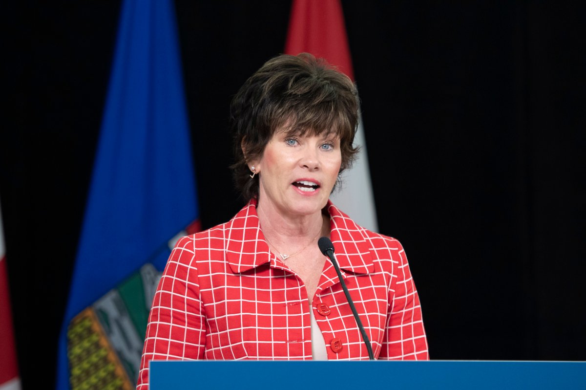 Energy Minister Sonya Savage at a news conference in Edmonton on Friday, April 24, 2020.