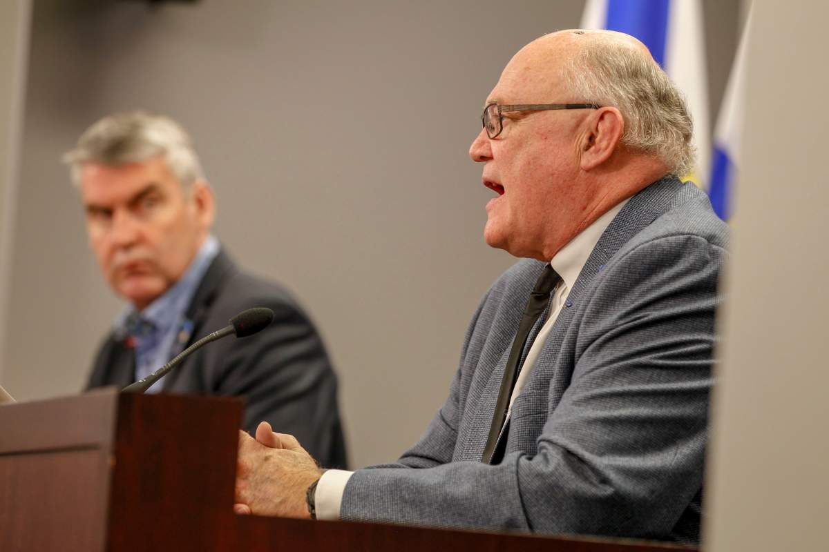 Premier Stephen McNeil and chief medical officer of health Dr. Robert Strang speak at a press briefing in Halifax on Tuesday, May 12, 2020. 