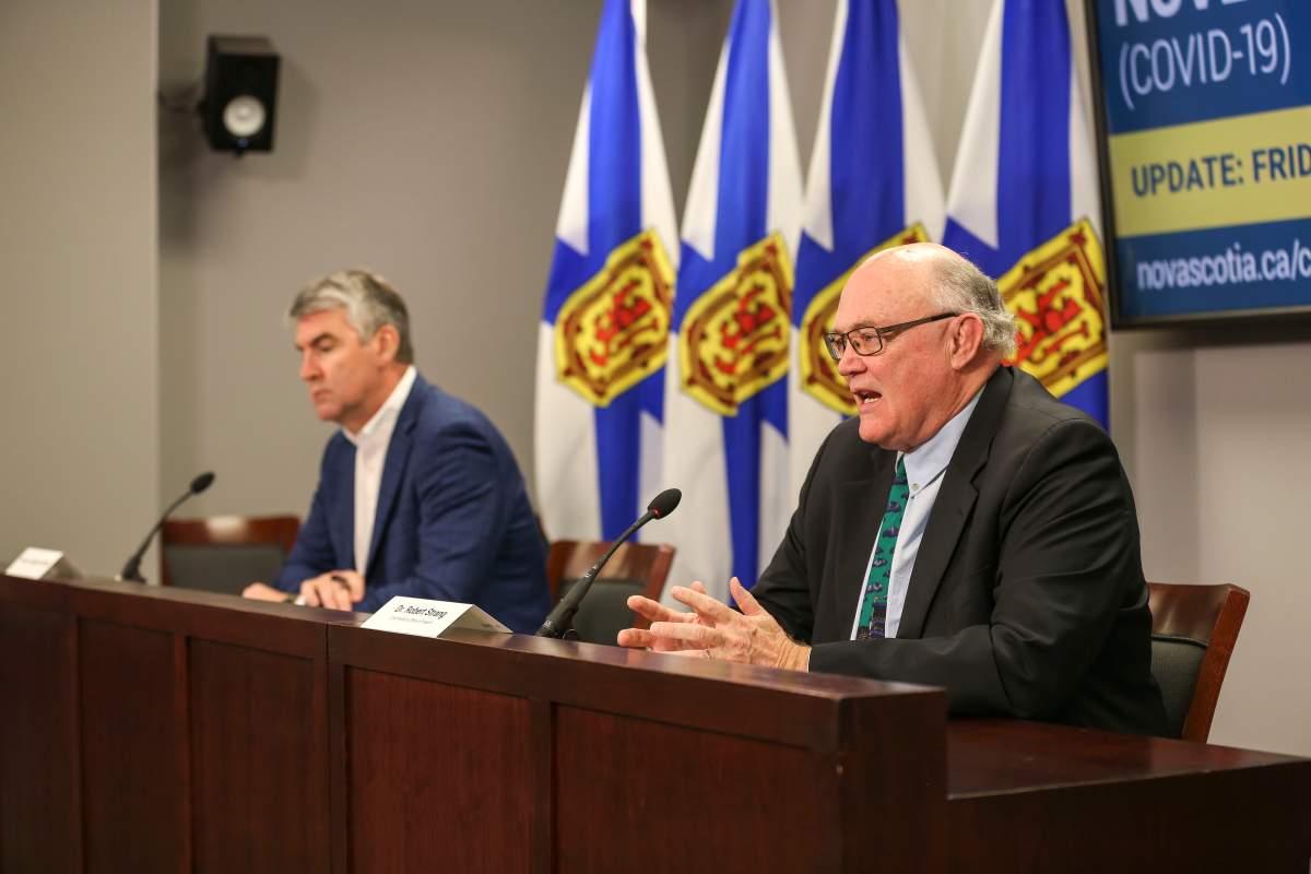 Nova Scotia Premier Stephen McNeil and chief medical officer of health Dr. Robert Strang speak at a COVID-19 press briefing on Friday, May 29, 2020. 