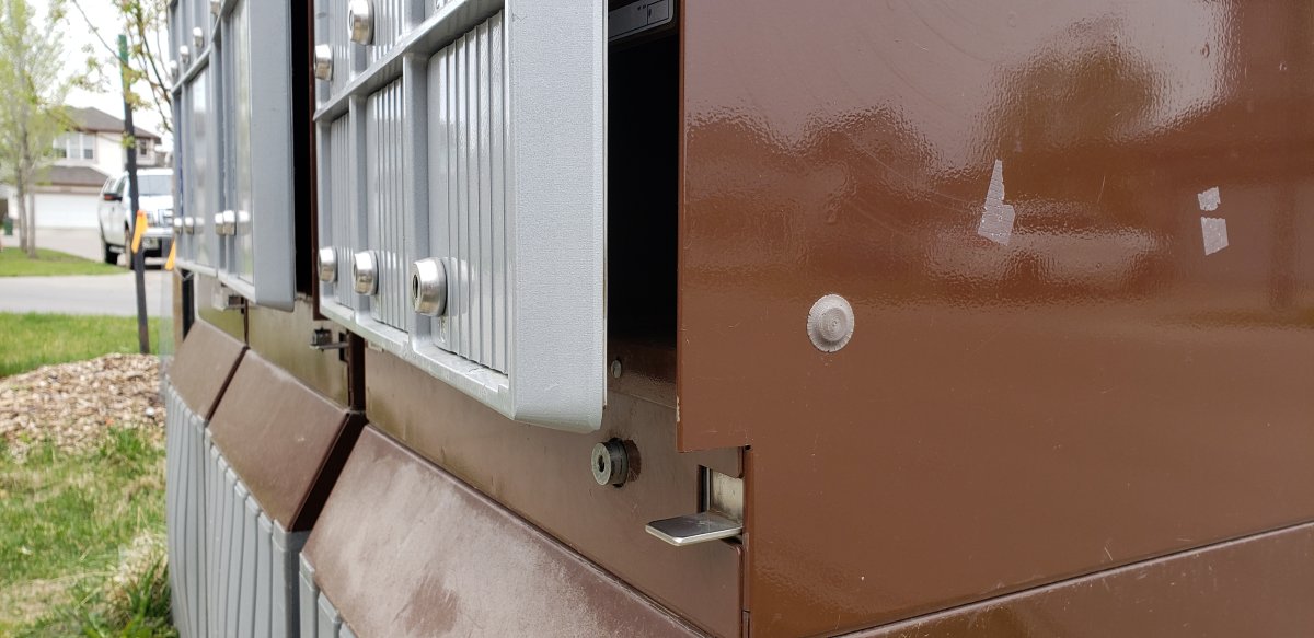 At least six community mailboxes in Edmonton's Tamarack neighbourhood were found to have been tampered with Wednesday, May 20, 2020.