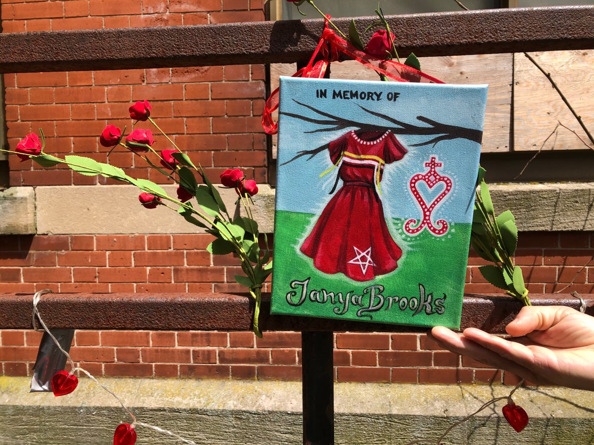 A painting for Tanya Brooks is laid in her honour at St. Patrick's-Alexander School in Halifax on May 10, 2020. Brooks' body was found at the school 11 years ago and her murder remains an active police case. 