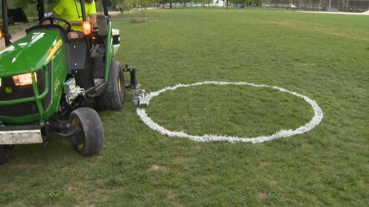Toronto city park staff painting white circles at Trinity Bellwoods Park to encourage physical and social distancing.