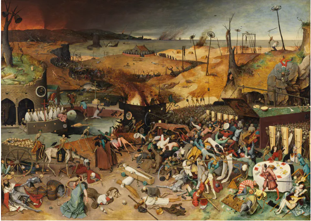 The Triumph of Death by Pieter Bruegel the Elder shows a devastated landscape where death is taking people indiscriminately as it appeared to during a wave of plague. 