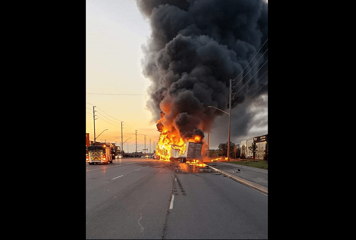 Images posted to social media show one of the trucks engulfed in flames.
