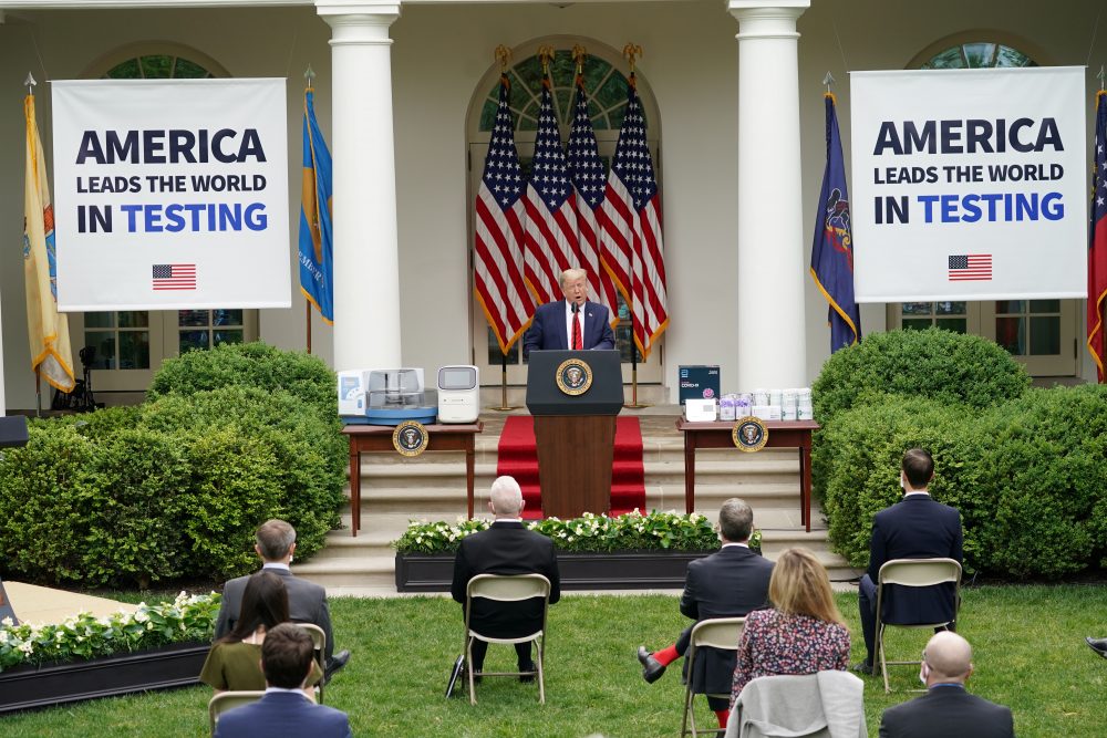 U.S. President Donald Trump addresses a coronavirus disease (COVID-19) outbreak press briefing in the Rose Garden at the White House in Washington, U.S., May 11, 2020.