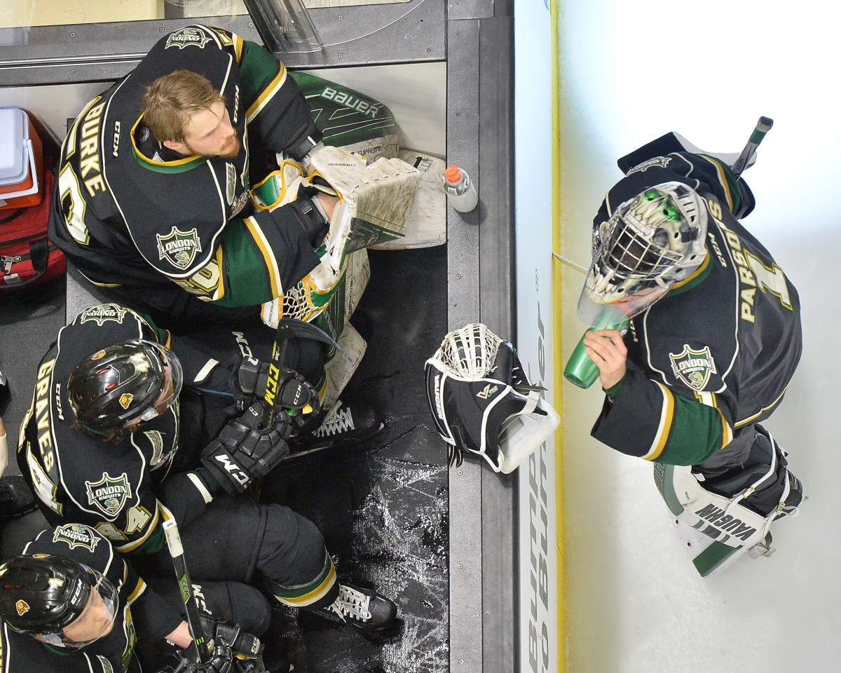 The London Knights during a break at the 2016 Memorial Cup. Photo by Terry Wilson / CHL Images.