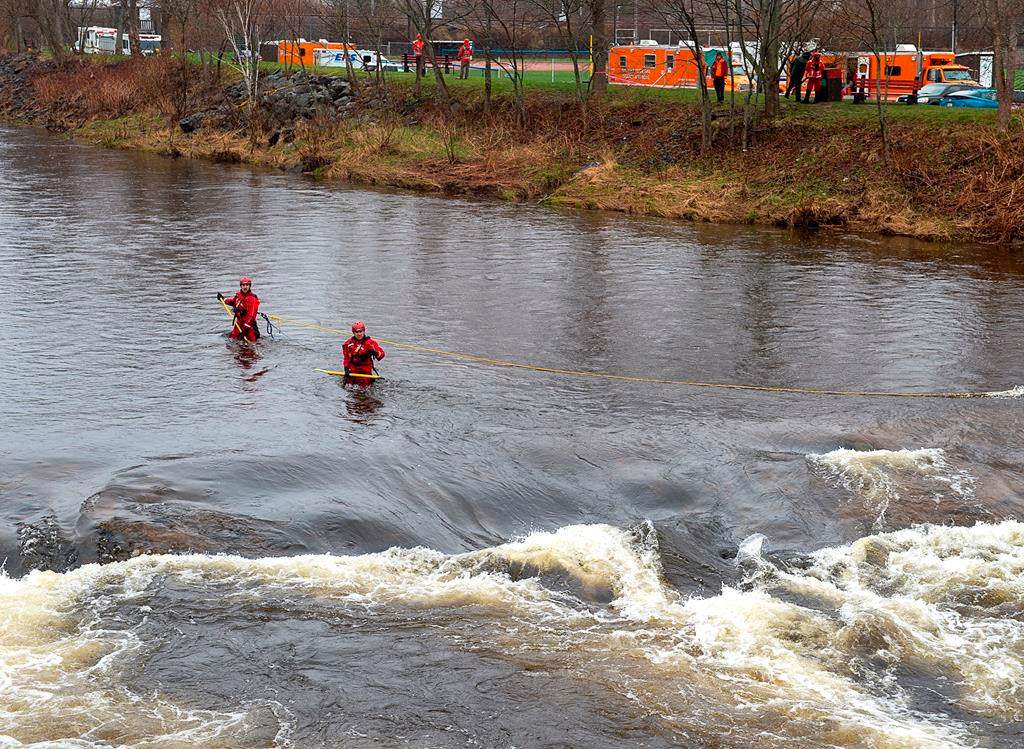 Rescue crews search for a missing three-year-old boy in the waters of the Salmon River in Truro, N.S. on Thursday, May 7, 2020. Dylan Ehler went missing on Wednesday afternoon.