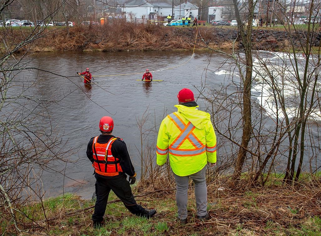 Rescue crews search for a missing three-year-old boy in the waters of the Salmon River in Truro, N.S., on Thursday, May 7, 2020.