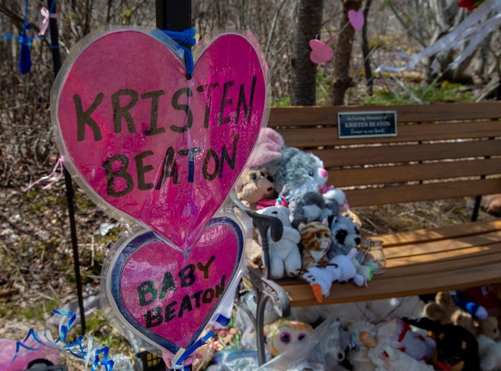 A shrine to Kristen Beaton and her unborn child is seen in Debert, N.S. on Thursday, May 14, 2020. It was one month ago that 22 people were killed after a man went on a murder rampage in Portapique and several other Nova Scotia communities.