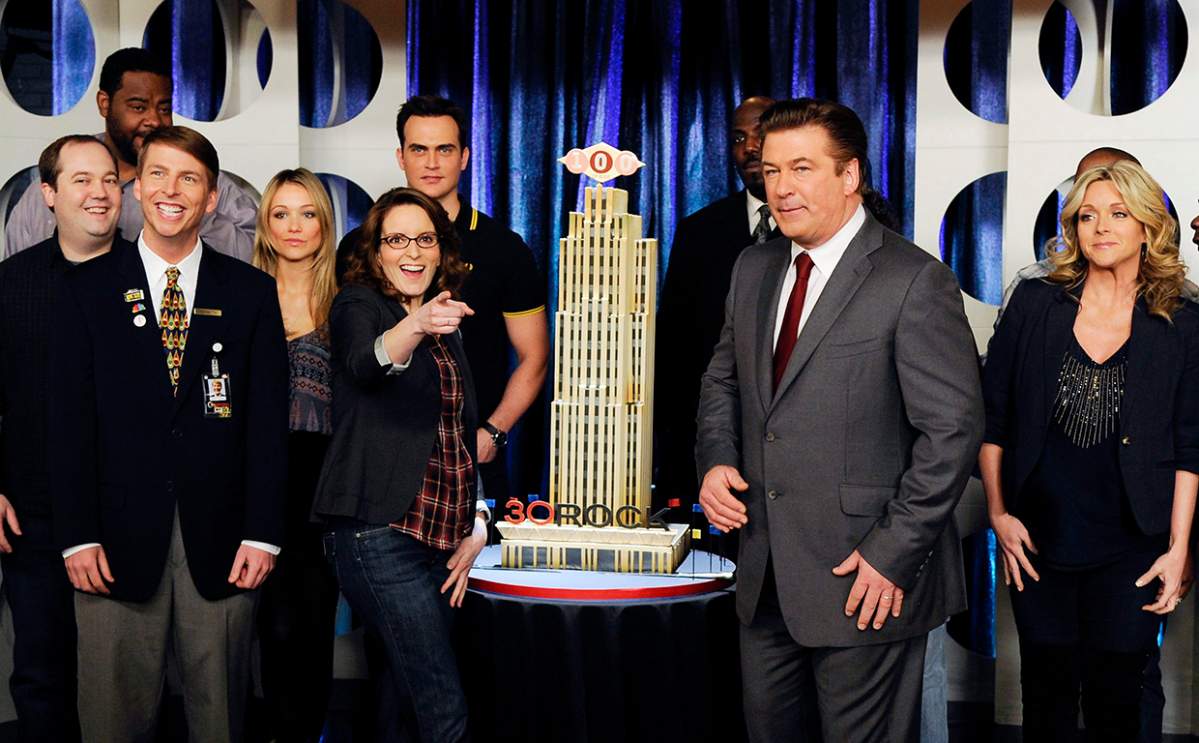 Cast members from '30 Rock,' including front row from left, Jack McBrayer, Tina Fey, Alec Baldwin and Jane Krakowski celebrate the 100th episode taping of the show at Silver Cup Studios on March 10, 2011 in New York City.