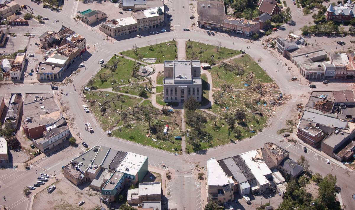 The courthouse in downtown Goderich, Ont. sits in the middle of a ruined town square, Monday, August 22, 2011, after a tornado ripped through the town.