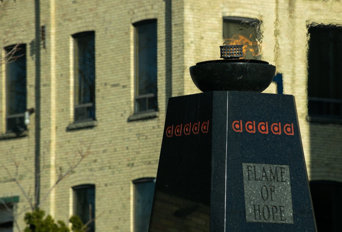 The Flame of Hope as seen outside Banting House in London, Ont., in April 2018.