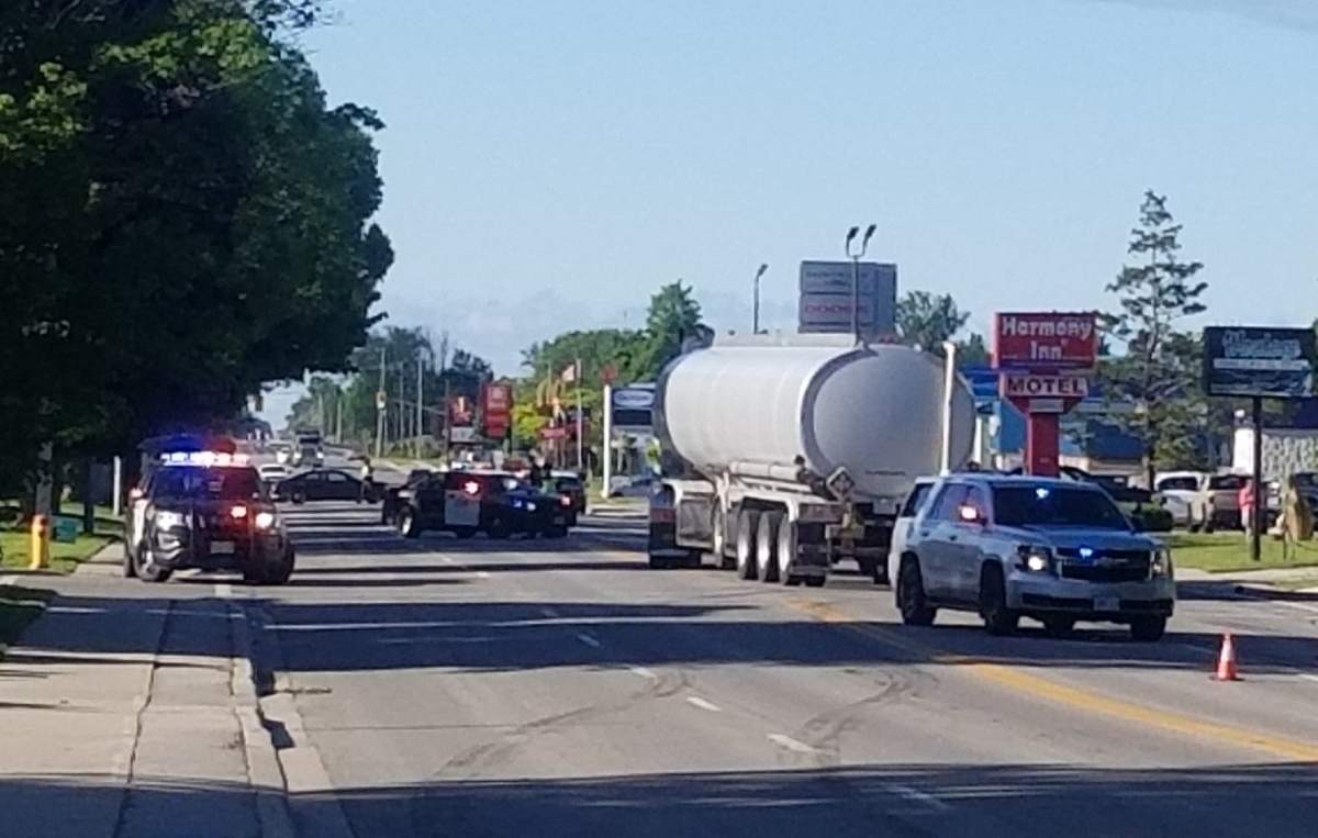 Huron OPP at the scene of Hwy. 21 and Blake Street East in Goderich after a pedestrian was struck by a tanker truck, June 11, 2020.