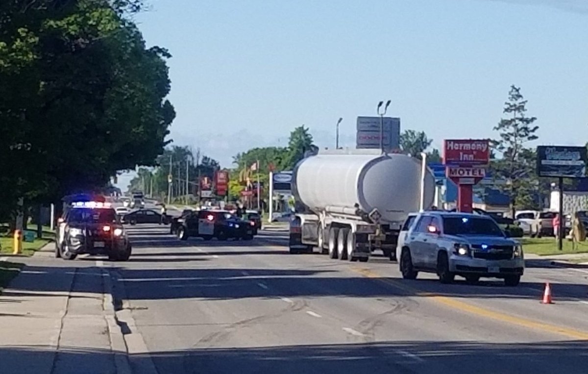 Huron OPP at the scene of Hwy. 21 and Blake Street East in Goderich after a pedestrian was struck by a tanker truck, June 11, 2020.