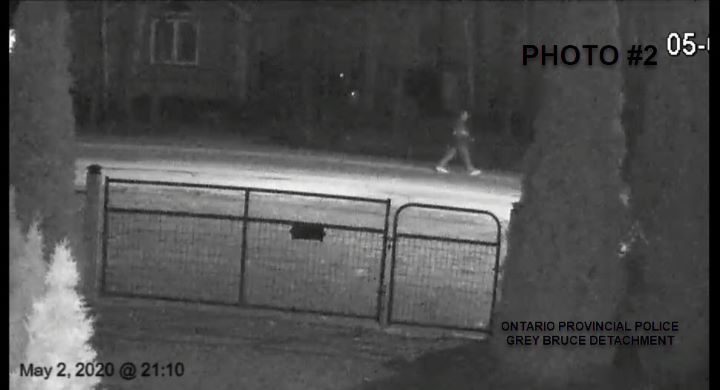 An unknown person is seen in video footage that was collected from a private camera on Grant Avenue on May 2 at about 9 p.m. and at 9:10 p.m.