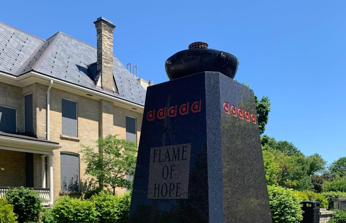 The unlit Flame of Hope at Banting House National Historic Site in London, Ont., on June 15, 2020. The flame was extinguished over the weekend by vandals.