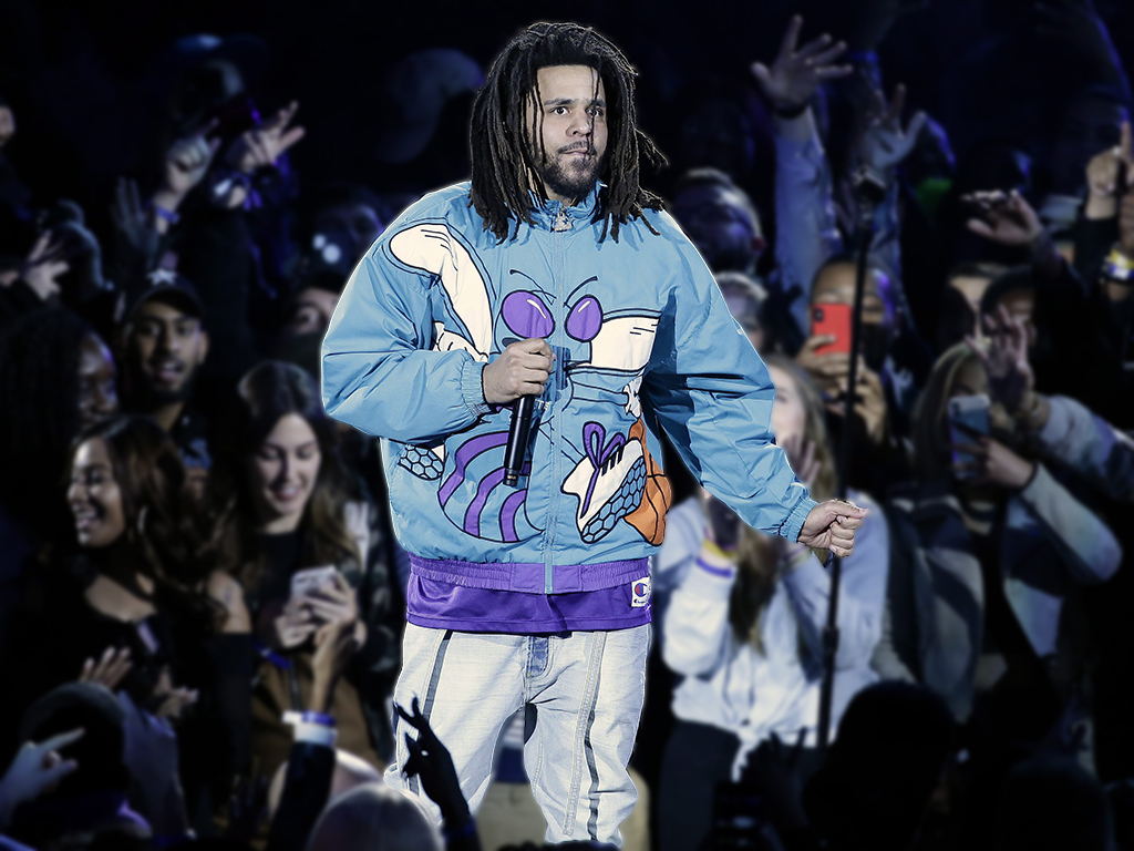 J. Cole performs at halftime during an NBA all-star basketball game on Feb. 17, 2019 in Charlotte, N.C.
