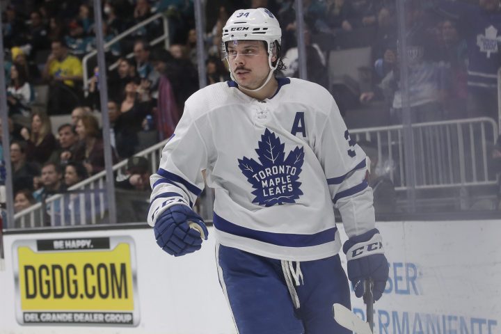 Toronto Maple Leafs center Auston Matthews reacts after scoring a goal against the San Jose Sharks during the second period of an NHL hockey game in San Jose, Calif., Tuesday, March 3, 2020.