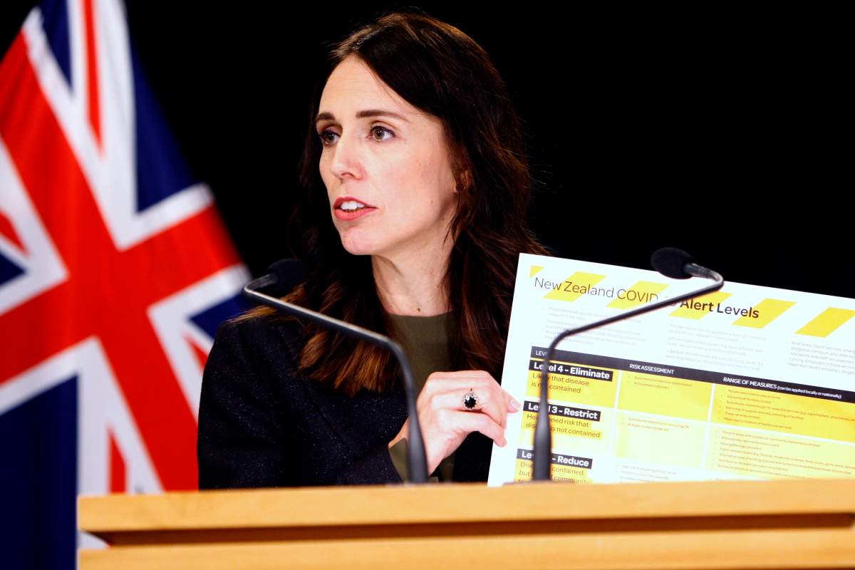 FILE - In this March 21, 2020, file photo, New Zealand Prime Minister Jacinda Ardern holds up a card showing a new alert system for COVID-19 in Wellington, New Zealand.