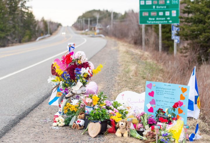 A memorial remembering Lillian Hyslop is seen along the road in Wentworth, N.S., on Friday, April 24, 2020.