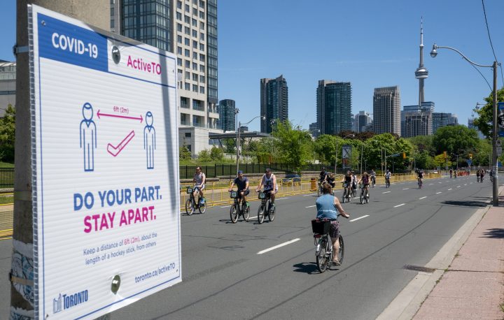 Cyclists take advantage of the ActiveTO closure of Lakeshore Blvd. in Toronto. 