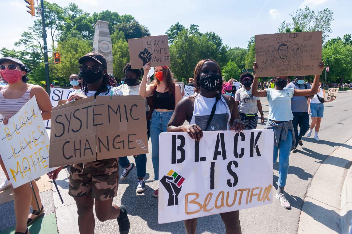More than 1,000 people gathered on the steps of City Hall in London, Ont., on June 20, 2020 to participate in a Black Lives Matter protest. The crowd then proceeded to march around Victoria Park before returning to City Hall, where organizers spoke to the crowd listing their demands for city council.