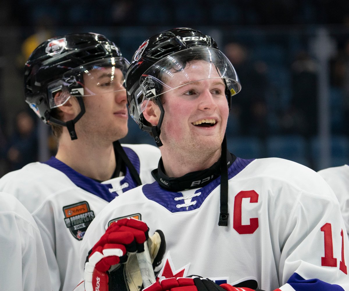 Alexis Lafreniere (11) smiles following the CHL Top Prospects Game in Hamilton on Thursday, Jan. 16, 2020.
