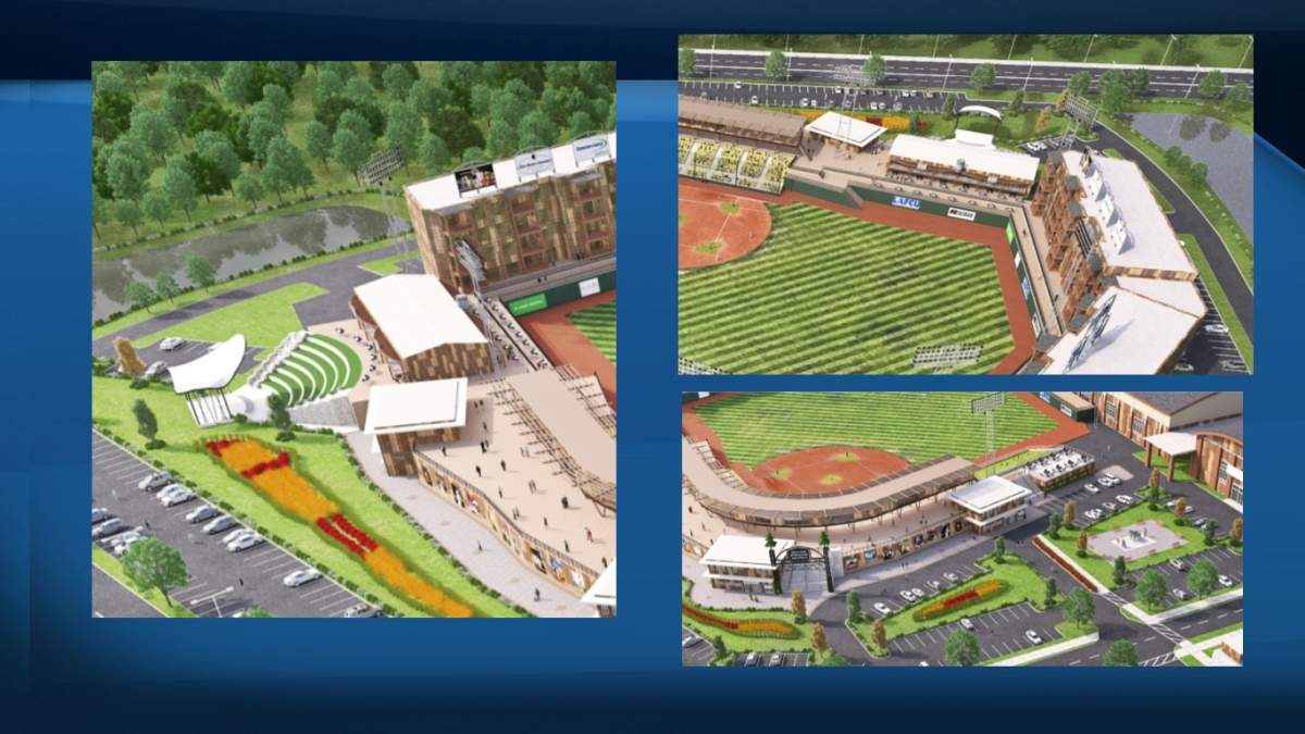 Renderings of a massive baseball complex being planned for Spruce Grove, Alta. (Clockwise) An ampitheatre, mico-brewery, and entrance are shown in these designs.