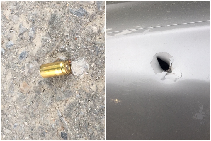 A bullet casing and a bullet hole are seen in the community of Altadore following a shooting on June 24, 2020.