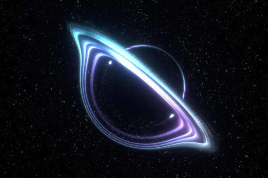 Artistic rendering of the GW190814 event, in which a smaller compact object is swallowed by a nine-times-more-massive black-hole. 