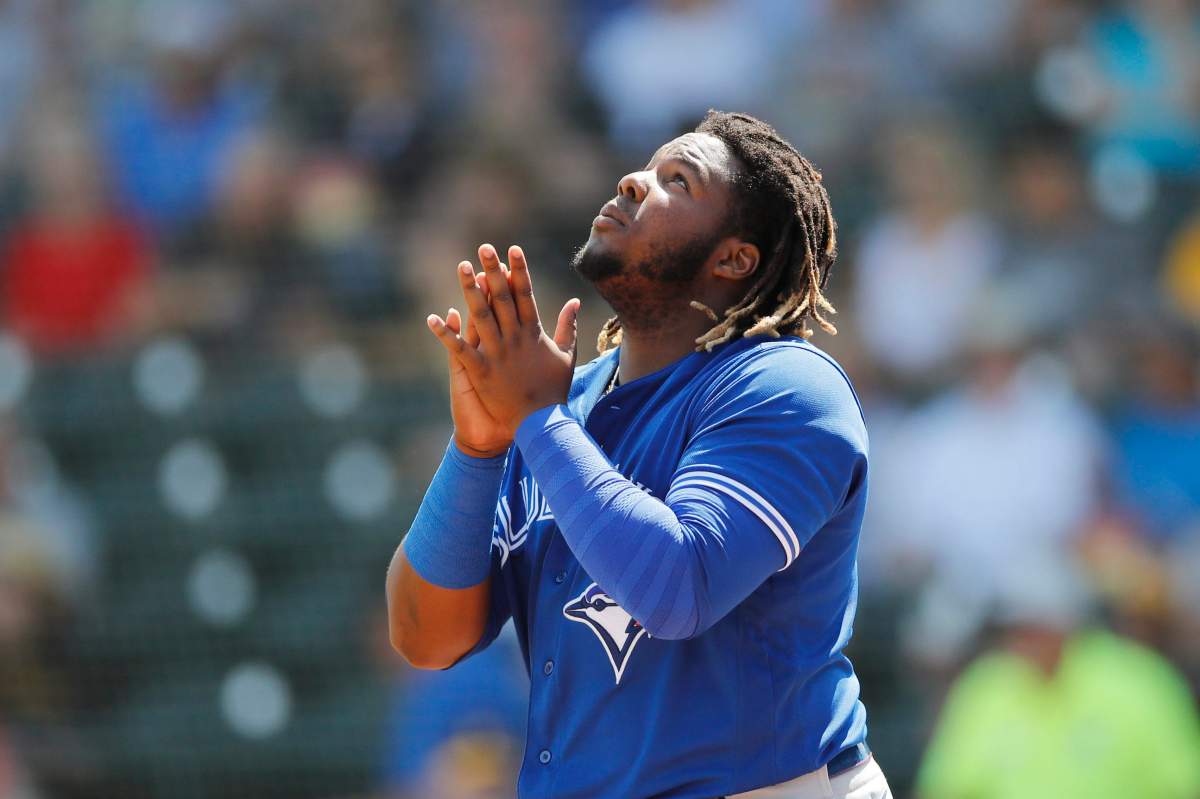 Toronto Blue Jays third baseman Vladimir Guerrero Jr. looks skyward after batting during a spring training baseball game against the Pittsburgh Pirates, Thursday, March 12, 2020, in Bradenton, Fla.