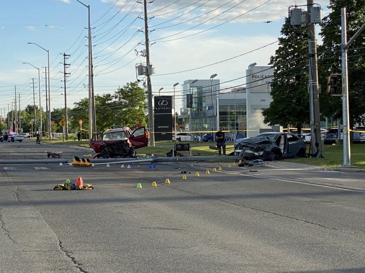 The scene of the crash in the area of Chrysler Drive and Queen Street Saturday evening.