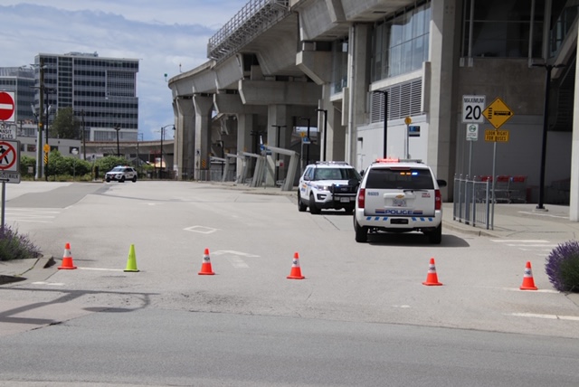 Police closed Richmond, B.C.'s Bridgeport Station on June 14, 2020.
