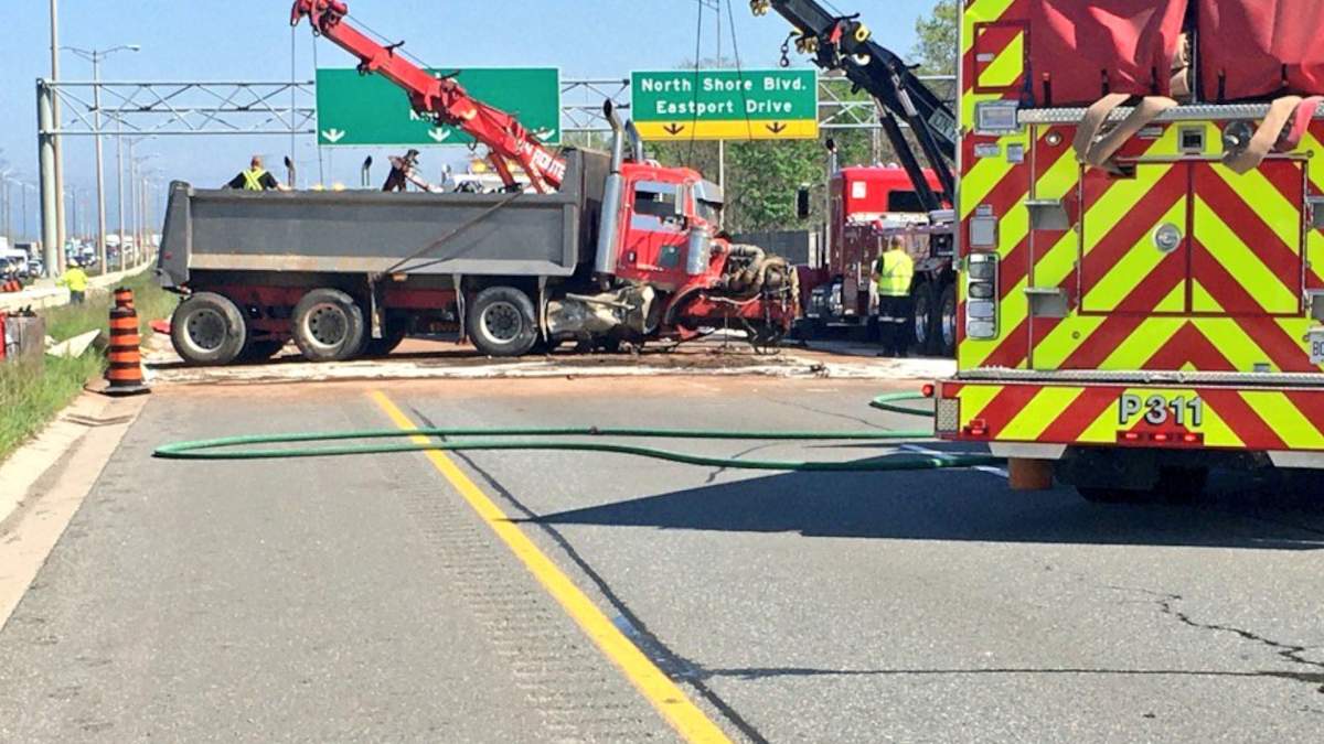 OPP say no one was hurt after a nasty crash after dump truck blew a tire on the QEW in Burlington on May 26, 2020.
