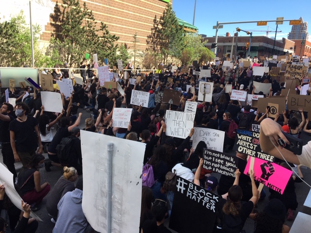 Protesters march through Calgary in an anti-police violence and anti-racism protest on Wednesday, June 3.