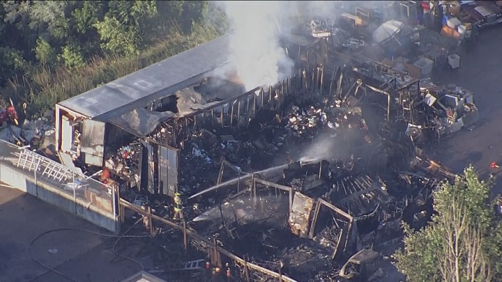 An aerial photo of the fire on Champagne Drive in Toronto.