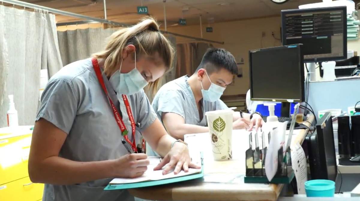 Staff doing charts inside the Royal Alexandra Hospital in Edmonton, Alta. on Tuesday, June 16, 2020.