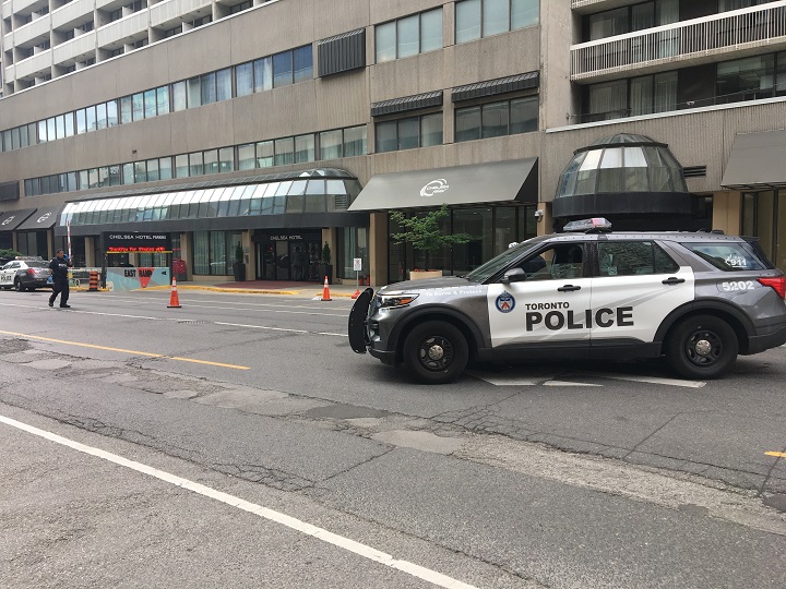 Police investigating outside the Chelsea Hotel in Toronto.