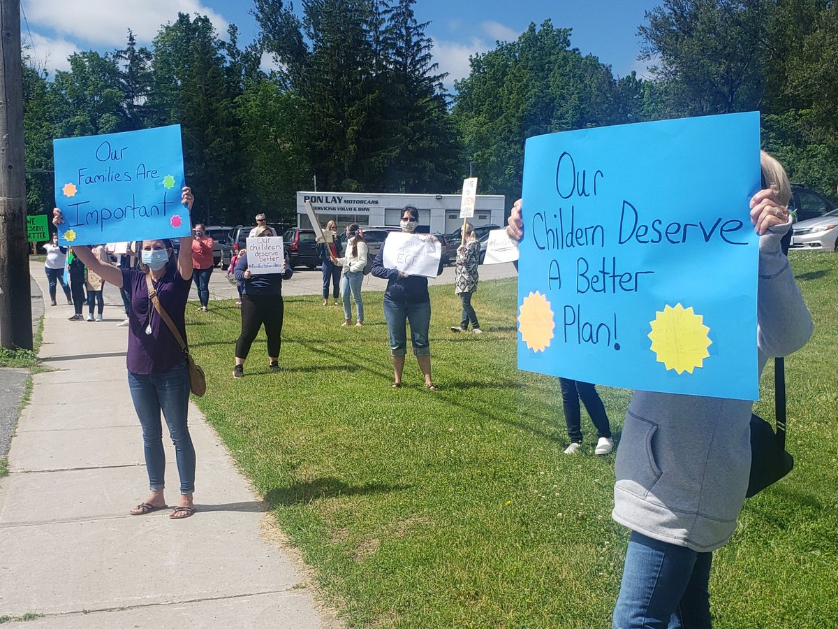 Child care workers rally outside Peterborough-Kawartha MPP Dave Smith's office on Friday morning about the short notice to reopen.