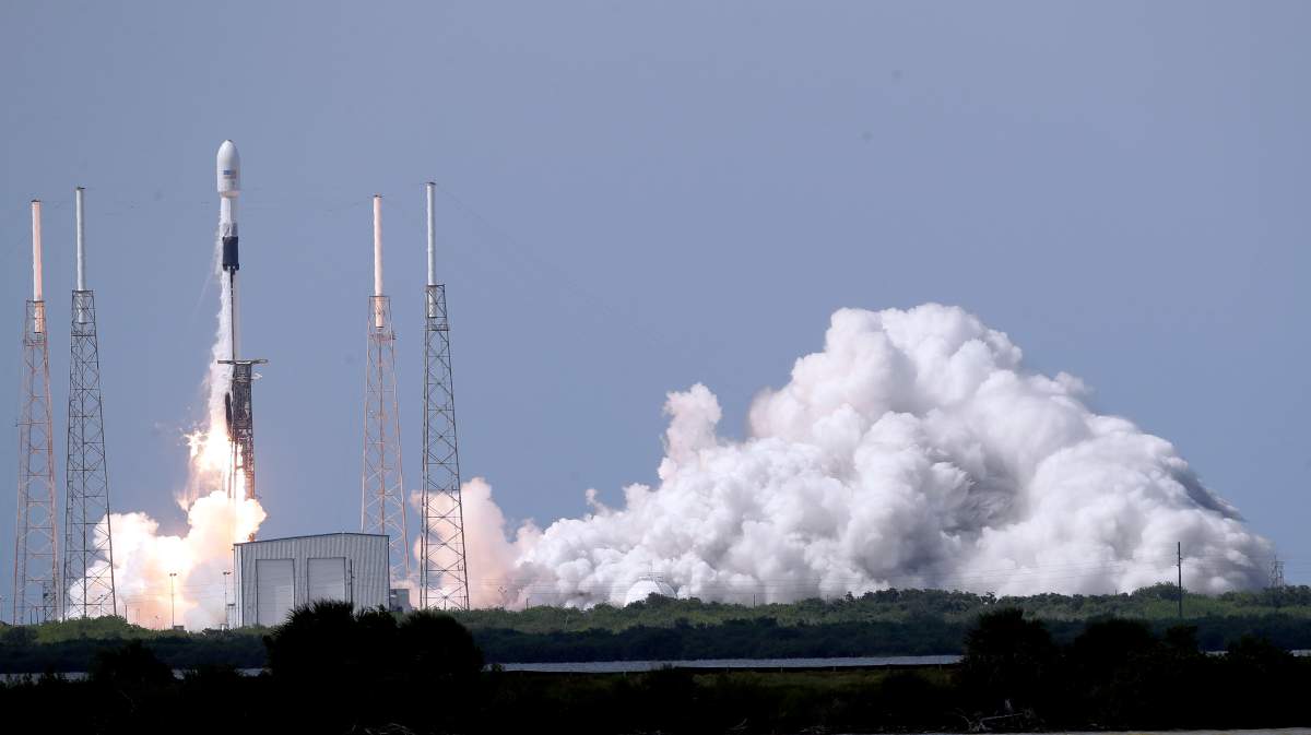 A Falcon 9 SpaceX rocket, with a global positioning satellite for the U.S. Space Force, lifts off from launch complex 40 at the Cape Canaveral Air Force Station in Cape Canaveral, Fla., June 30, 2020.