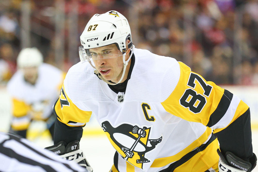 Pittsburgh Penguins center Sidney Crosby (87) skates during the National Hockey League game between the New Jersey Devils and the Pittsburgh Penguins on March 10, 2020 at the Prudential Center in Newark, NJ. 
