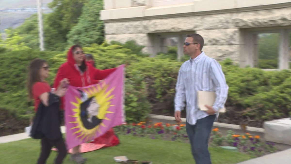 Curtis Sagmoen was met by anti-violence activists as he left the Vernon Courthouse following a sentencing hearing in June 2020. He is now accused of assaulting a peace officer.