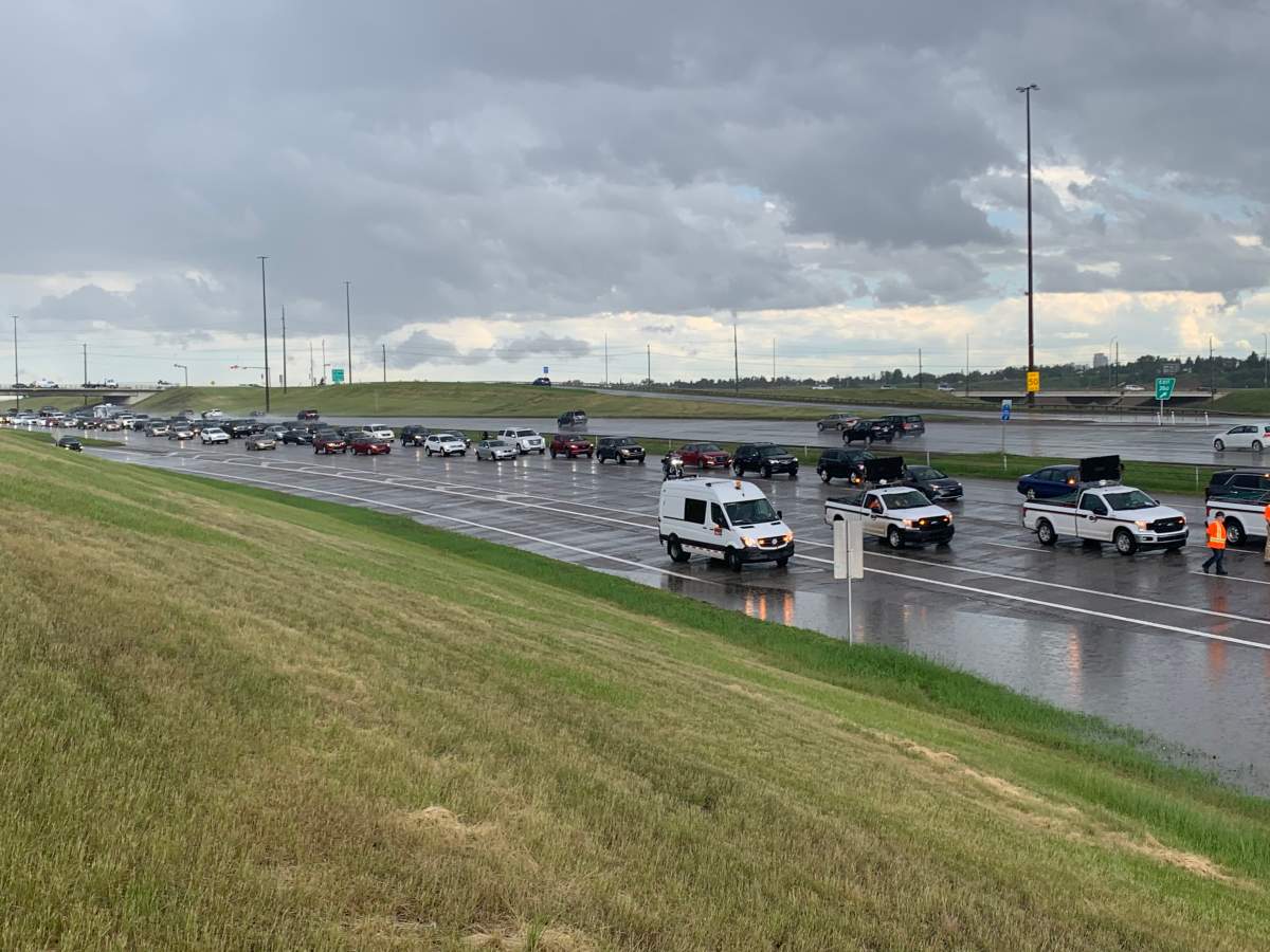 Traffic is seen backed up on Deerfoot Trail after thunderstorms caused flooding for the second time in just over a week.