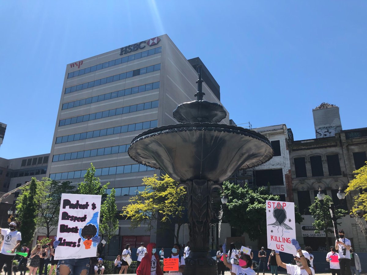 Activists rally in Gore Park in Hamilton, Ont. on June 1, 2020, a week after the death of George Floyd in Minneapolis.